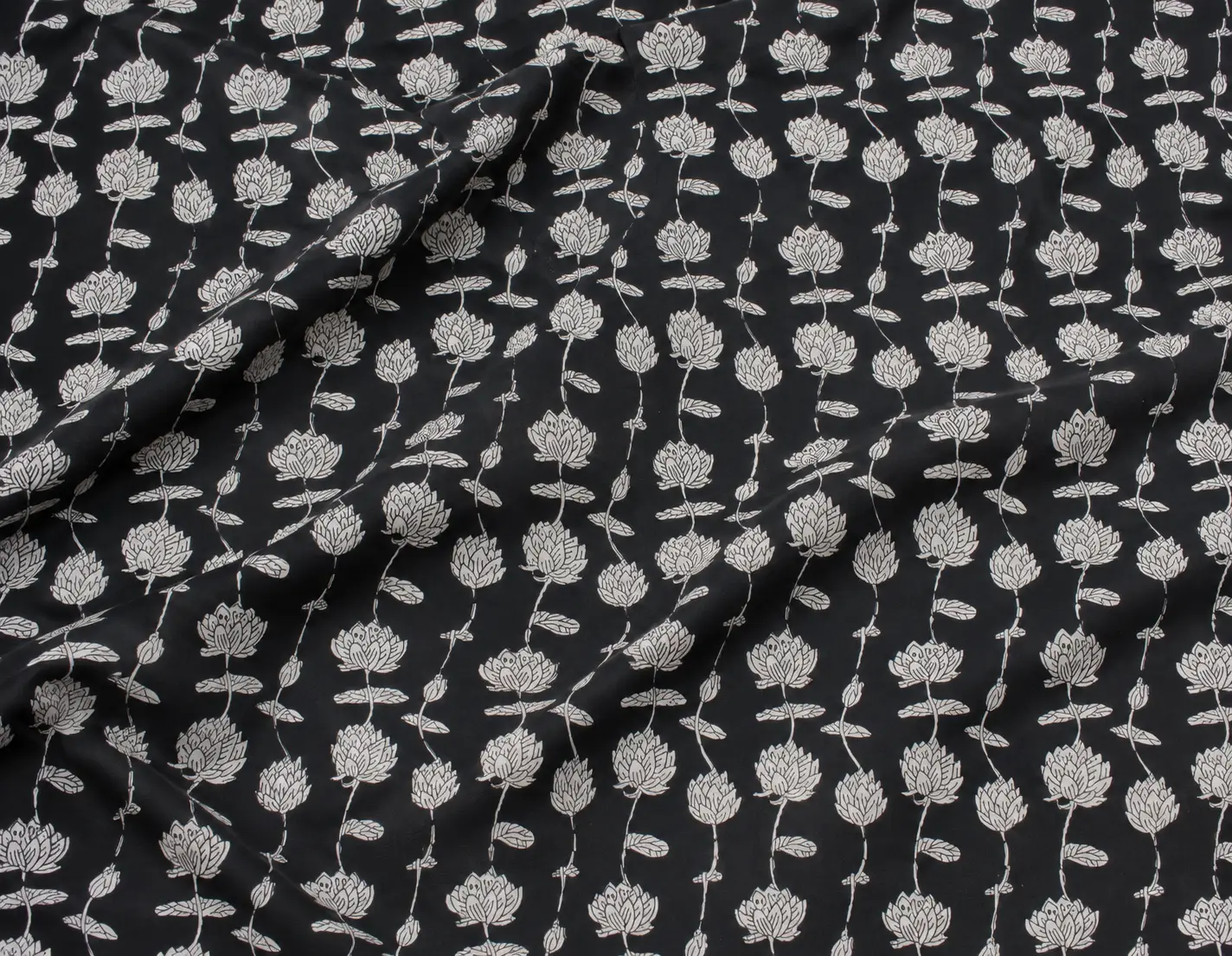 Black & Ivory Lotus Bloom Hand Block Print Fabric A - Image 2