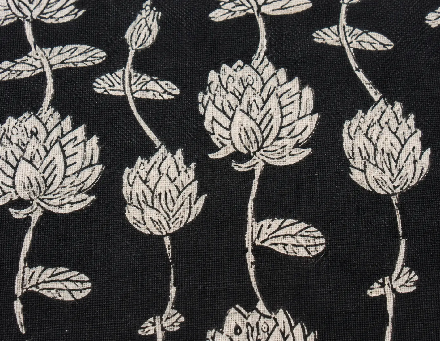 Black & Ivory Lotus Bloom Hand Block Print Fabric A - Image 3