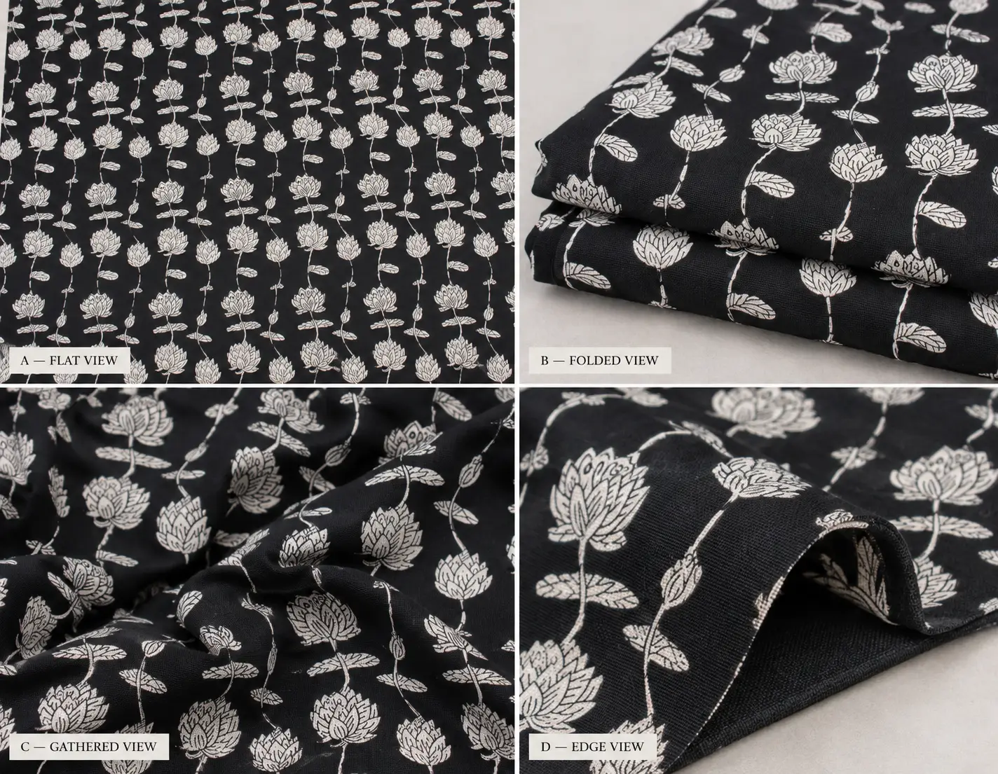 Black & Ivory Lotus Bloom Hand Block Print Fabric A - Image 4