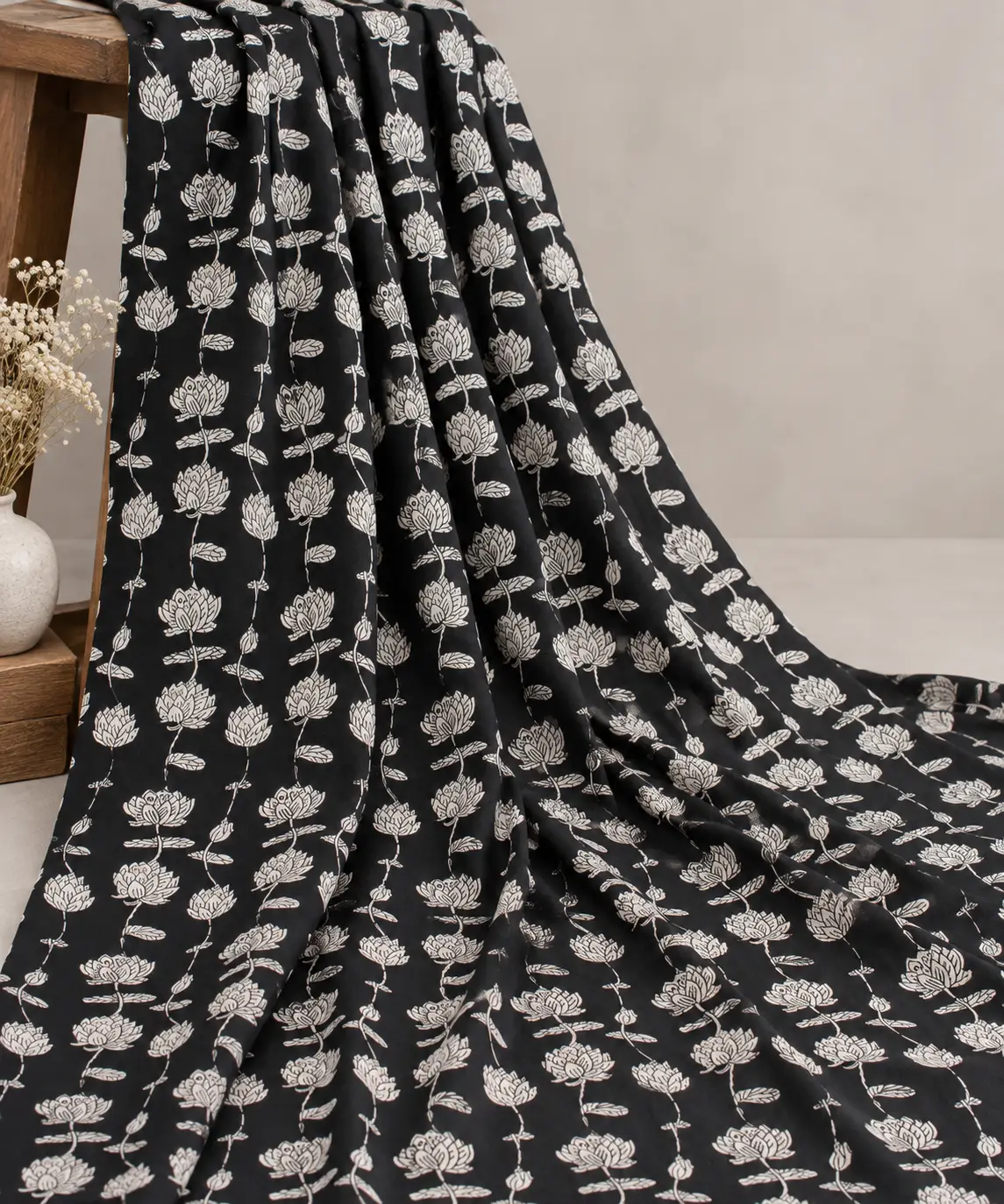 Black & Ivory Lotus Bloom Hand Block Print Fabric A - Image 5