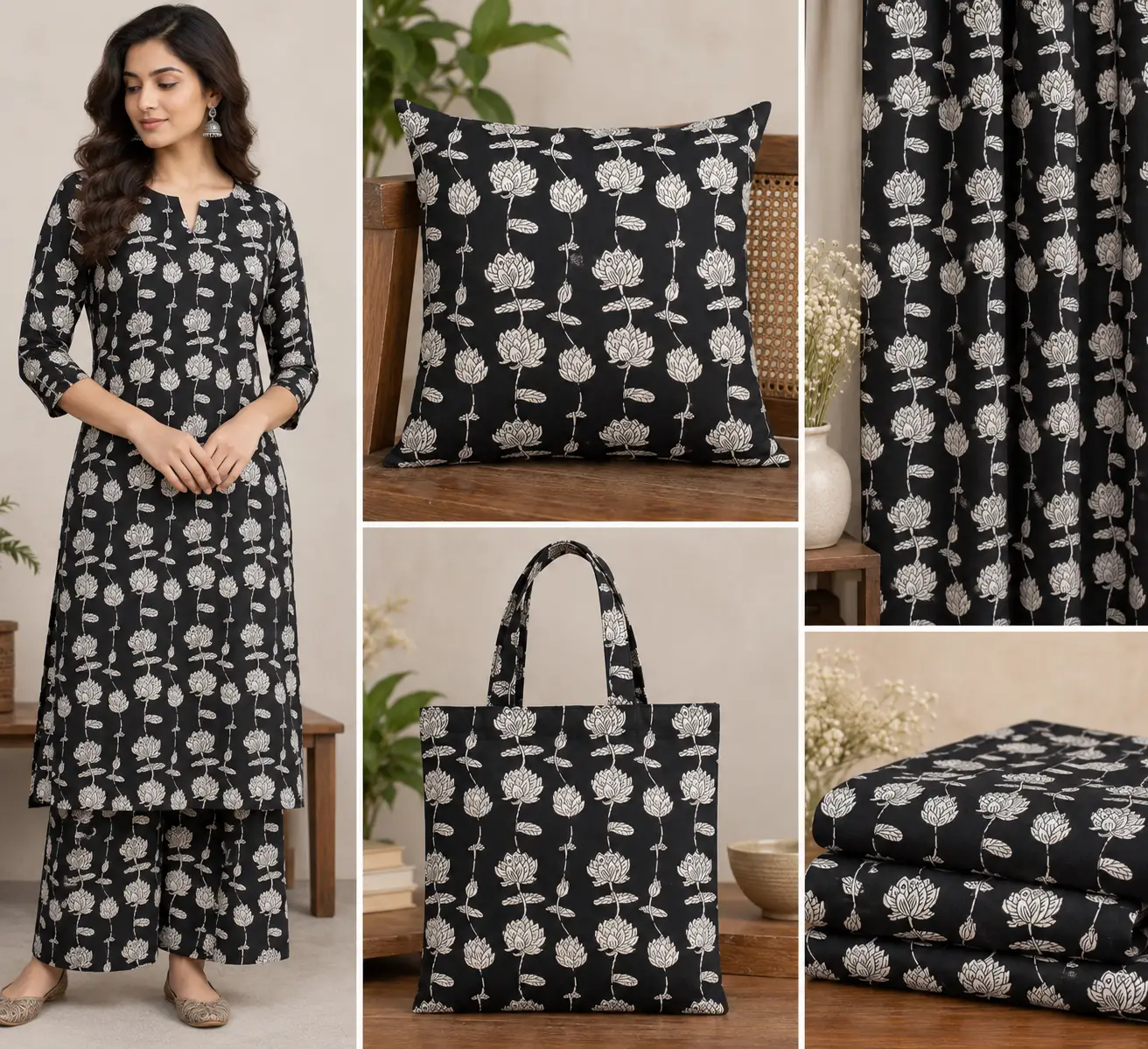 Black & Ivory Lotus Bloom Hand Block Print Fabric A - Image 6