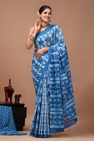 Bagru Hand Block Printed Blue Geometric & Floral Mulmul Cotton Saree With Running Blouse W