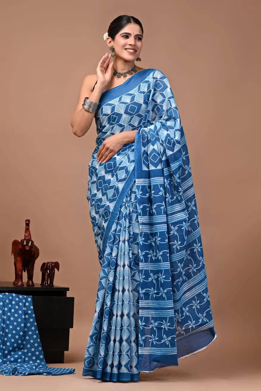 Bagru Hand Block Printed Blue Geometric & Floral Mulmul Cotton Saree With Running Blouse W