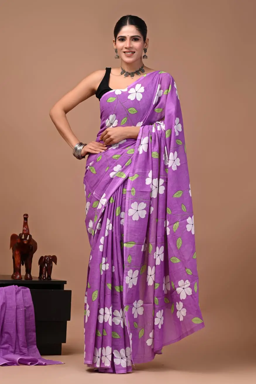 Bagru Hand Block Printed Purple & White Floral Cotton Saree With Running Blouse W