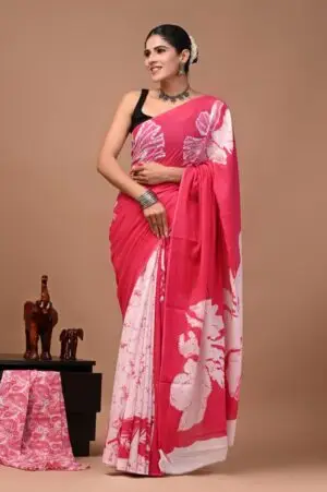 Bagru Hand Block Printed Pink & White Floral Cotton Saree With Running Blouse W