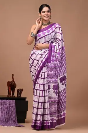 Bagru Hand Block Printed Purple & White Geometric Floral Cotton Saree With Running Blouse W