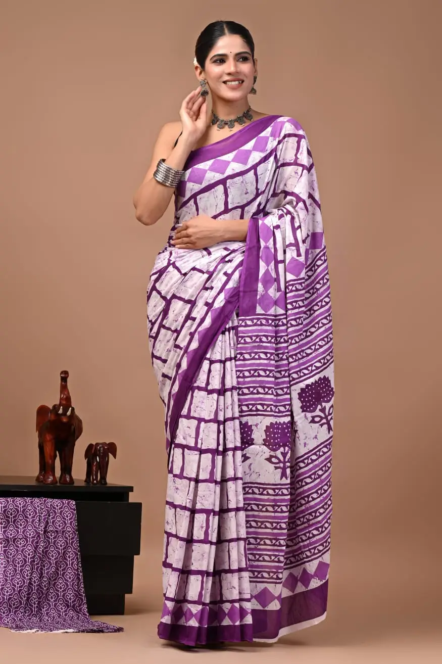 Bagru Hand Block Printed Purple & White Geometric Floral Cotton Saree With Running Blouse W
