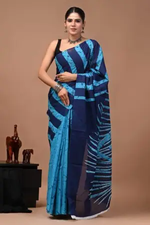 Bagru Hand Block Printed Navy Blue & Sky Blue Abstract Striped Cotton Saree With Running Blouse W