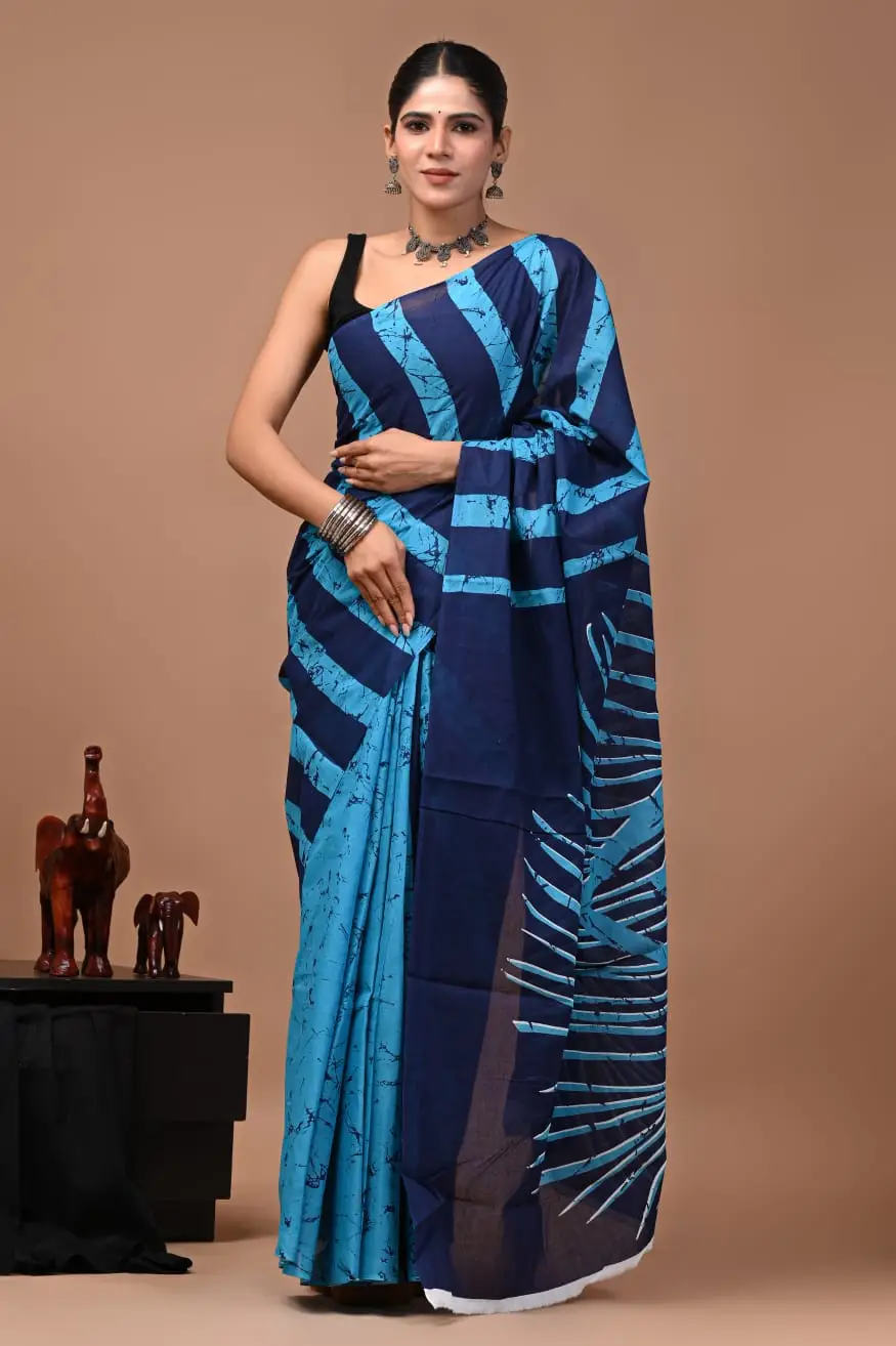 Bagru Hand Block Printed Navy Blue & Sky Blue Abstract Striped Cotton Saree With Running Blouse W