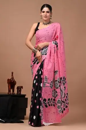 Bagru Hand Block Printed Pink & Black Floral Cotton Saree With Running Blouse W