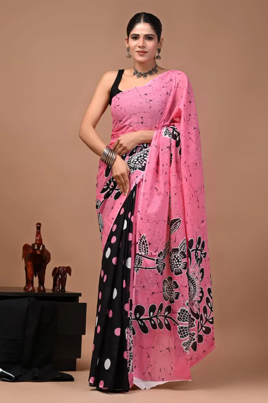 Bagru Hand Block Printed Pink & Black Floral Cotton Saree With Running Blouse W