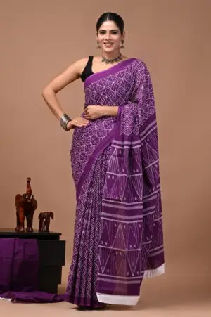 Bagru Hand Block Printed Purple Geometric Cotton Saree With Running Blouse W