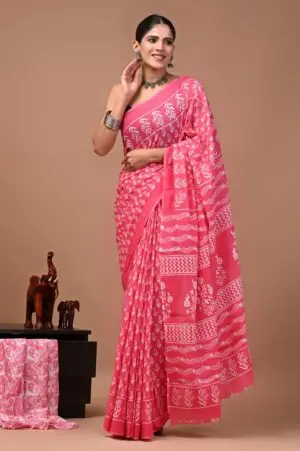 Bagru Hand Block Printed Pink Floral & Geometric Cotton Saree With Running Blouse W