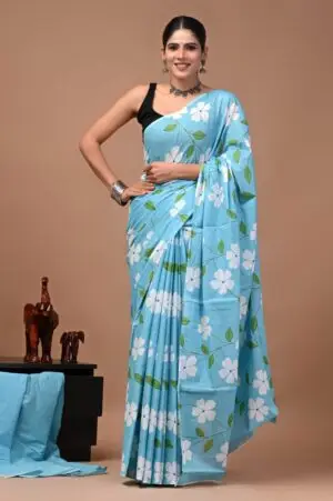 Bagru Hand Block Printed Sky Blue Floral Cotton Saree With Running Blouse W