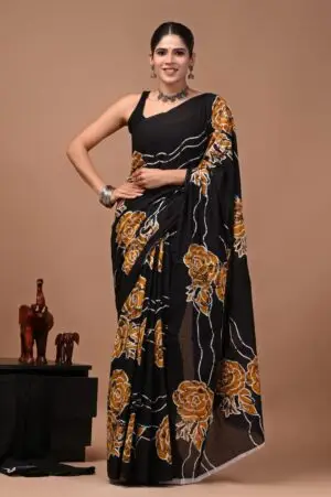 Bagru Hand Block Printed Cream & Olive Green Floral & Geometric Mulmul Cotton Saree With Running Blouse W