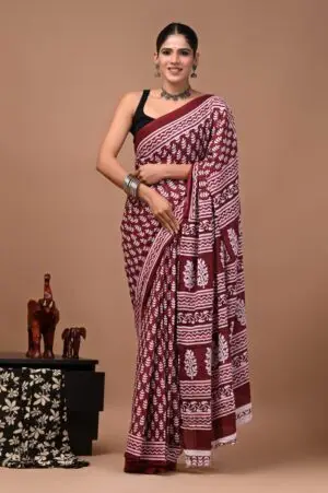 Bagru Hand Block Printed Maroon Floral & Geometric Cotton Saree With Running Blouse W