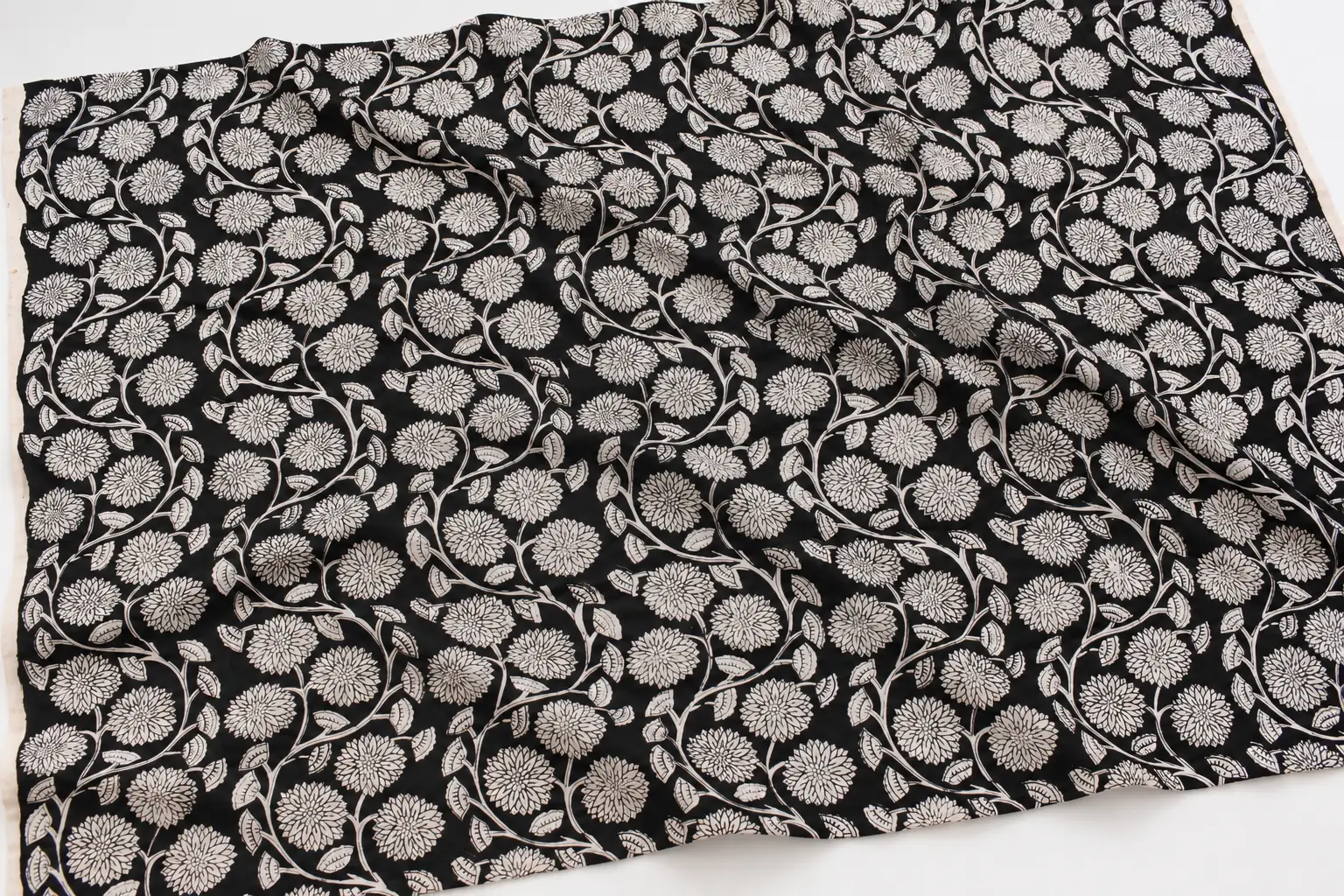 Black & Ivory Chrysanthemum Vine Hand Block Print Fabric A - Image 2