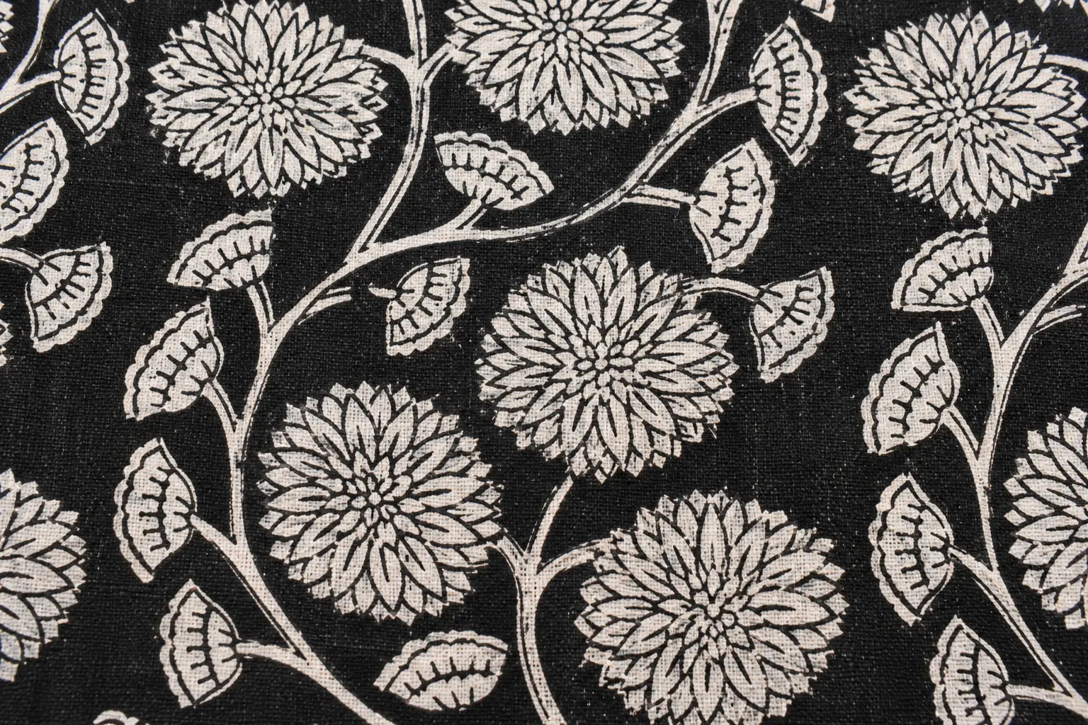 Black & Ivory Chrysanthemum Vine Hand Block Print Fabric A - Image 3
