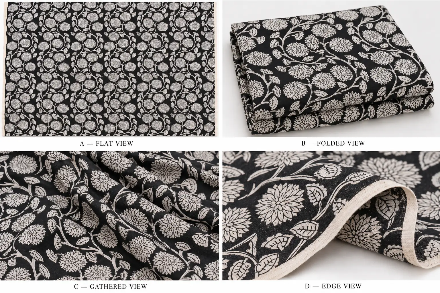 Black & Ivory Chrysanthemum Vine Hand Block Print Fabric A - Image 4