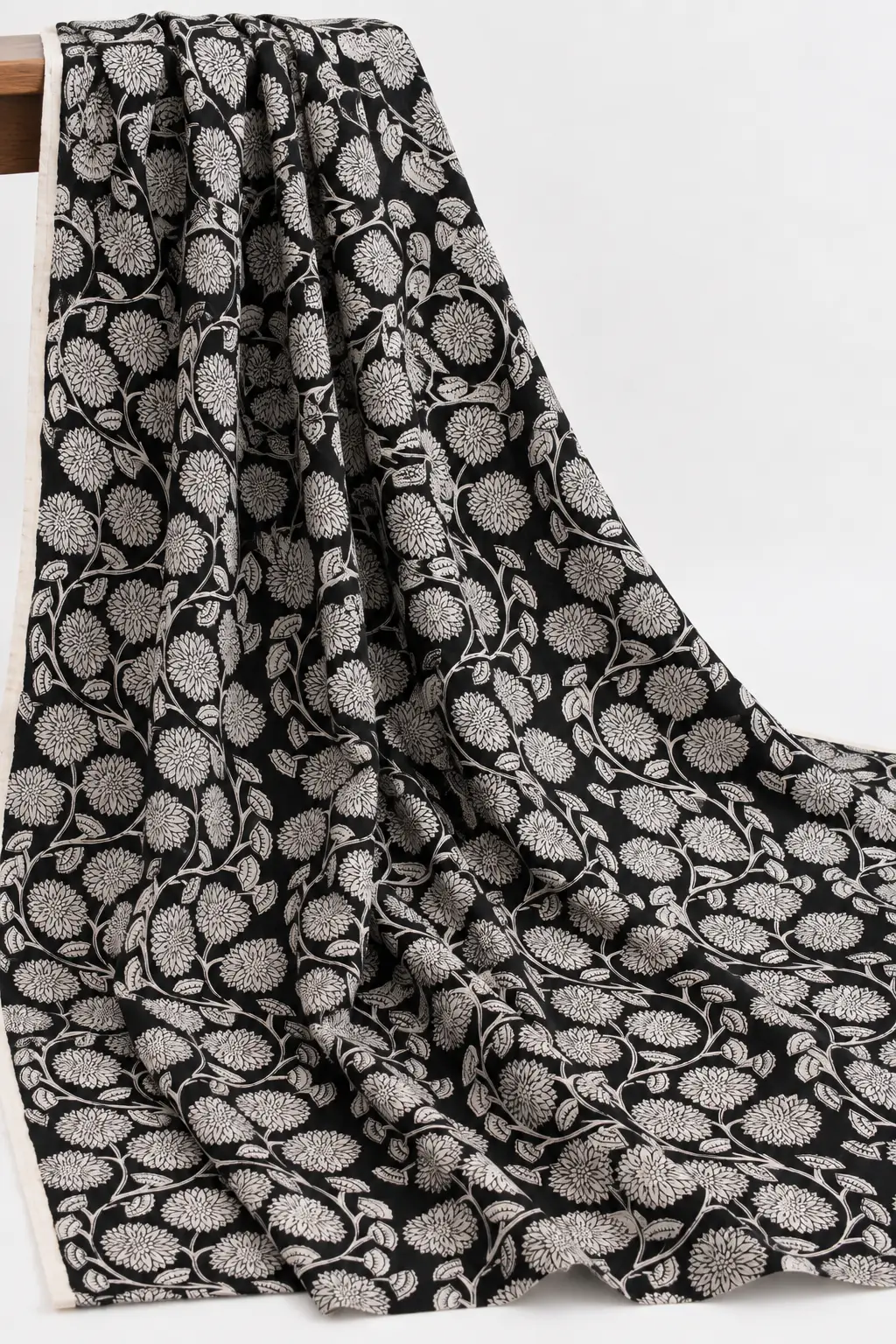 Black & Ivory Chrysanthemum Vine Hand Block Print Fabric A - Image 5