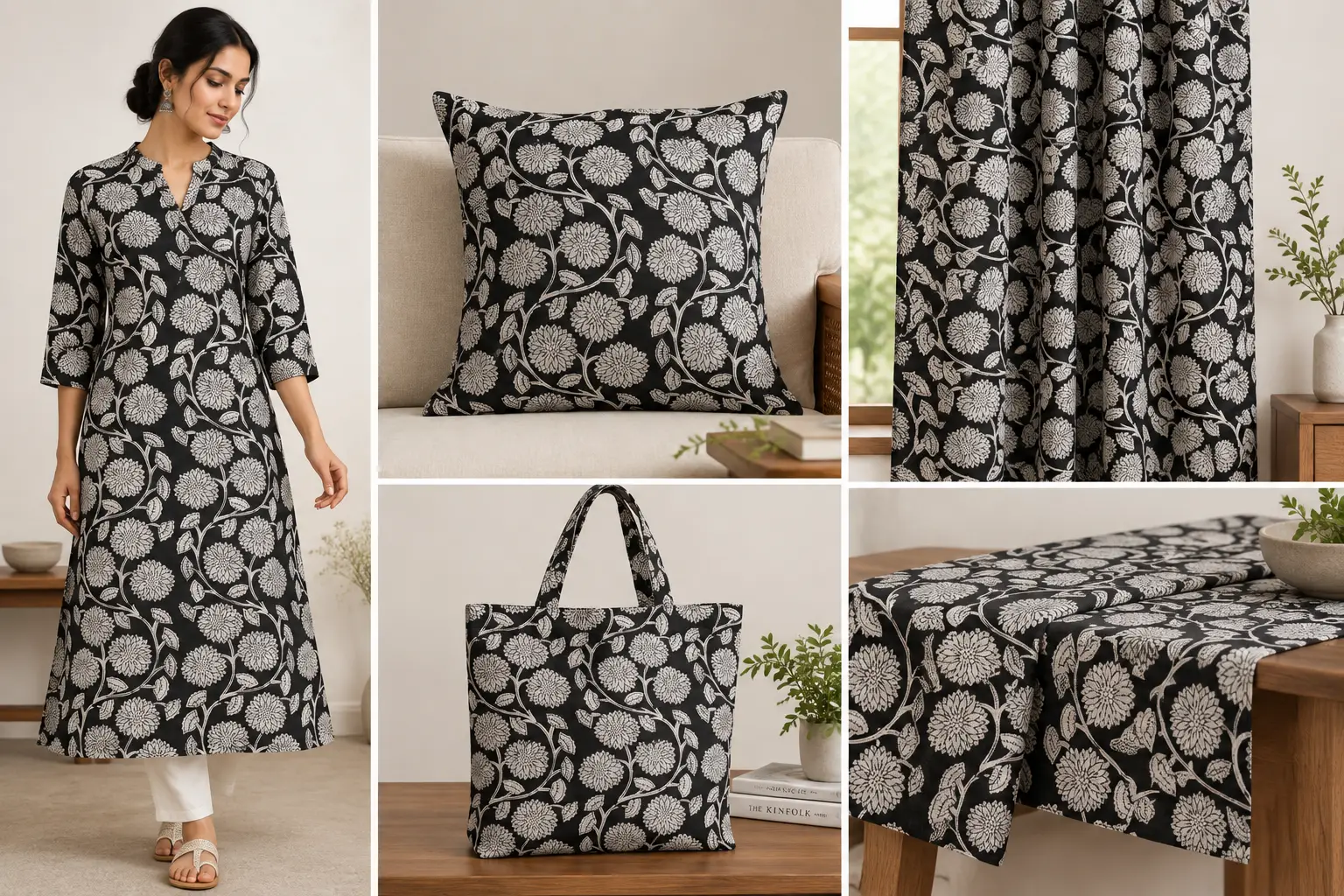 Black & Ivory Chrysanthemum Vine Hand Block Print Fabric A - Image 6