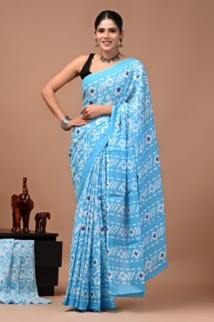 Bagru Hand Block Printed Sky Blue Mulmul Cotton Saree With Running Blouse W