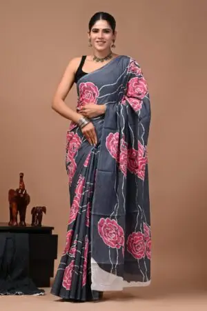Bagru Hand Block Printed Charcoal Grey & Pink Floral Cotton Saree With Running Blouse W