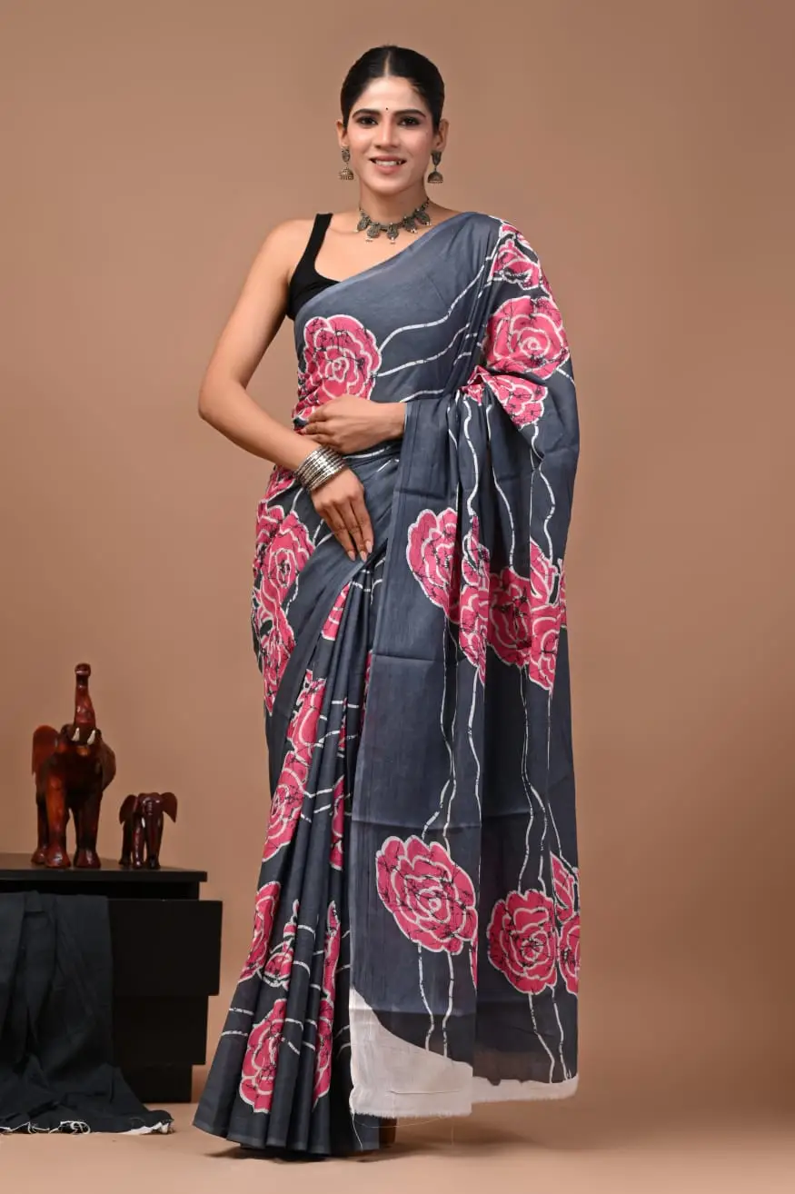 Bagru Hand Block Printed Charcoal Grey & Pink Floral Cotton Saree With Running Blouse W