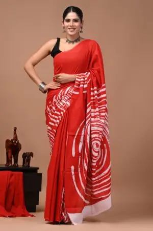 Bagru Hand Block Printed Red & White Abstract Geometric Cotton Saree With Running Blouse W