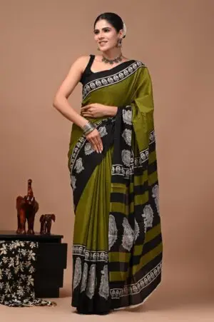 Bagru Hand Block Printed Olive Green & Black Floral Cotton Saree With Running Blouse W