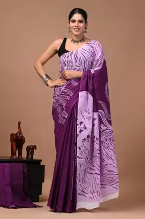 Bagru Hand Block Printed Lavender & Purple Abstract Floral Cotton Saree With Running Blouse W