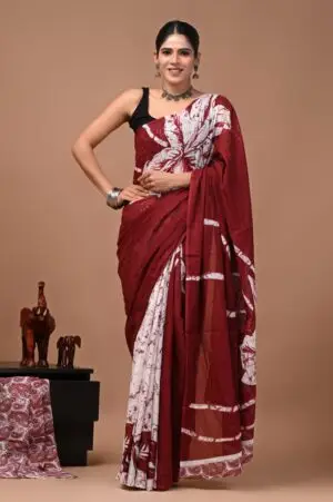Bagru Hand Block Printed Maroon & White Abstract Floral Cotton Saree With Running Blouse W
