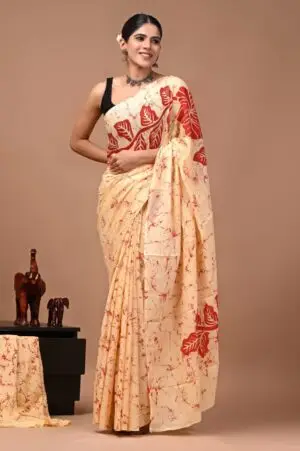 Bagru Hand Block Printed Cream & Maroon Leaf Motif Cotton Saree With Running Blouse W