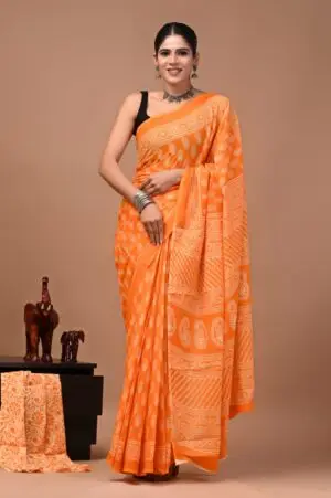 Bagru Hand Block Printed Orange & White Floral & Geometric Cotton Saree With Running Blouse W