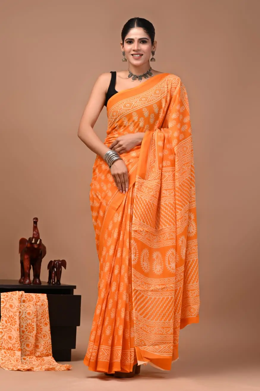 Bagru Hand Block Printed Orange & White Floral & Geometric Cotton Saree With Running Blouse W