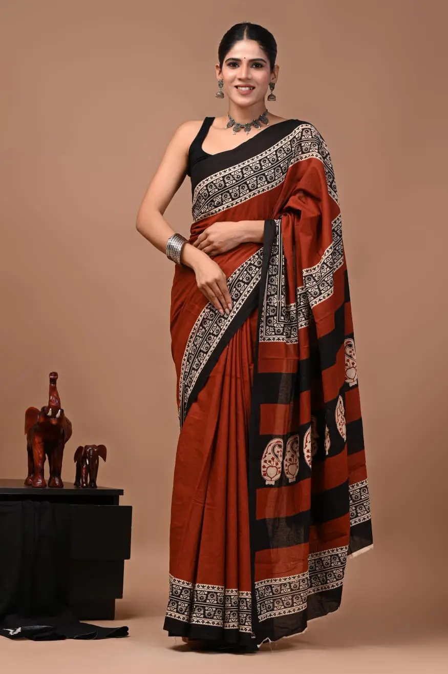 Bagru Hand Block Printed Rust Orange & Black Floral Geometric Cotton Saree With Running Blouse W
