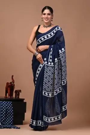 Bagru Hand Block Printed Navy Blue & White Geometric Cotton Saree With Running Blouse W