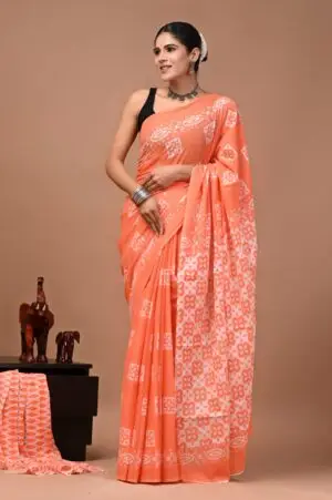 Bagru Hand Block Printed Peach & White Floral & Geometric Cotton Saree With Running Blouse W