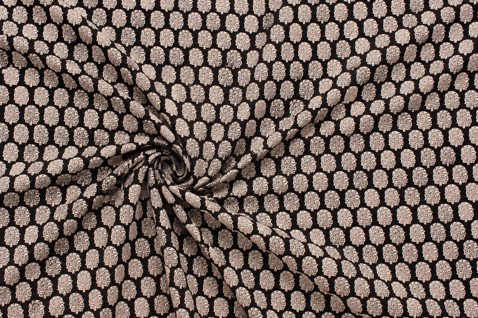 Black & Ivory Mughal Boota Hand Block Print Fabric A - Image 2