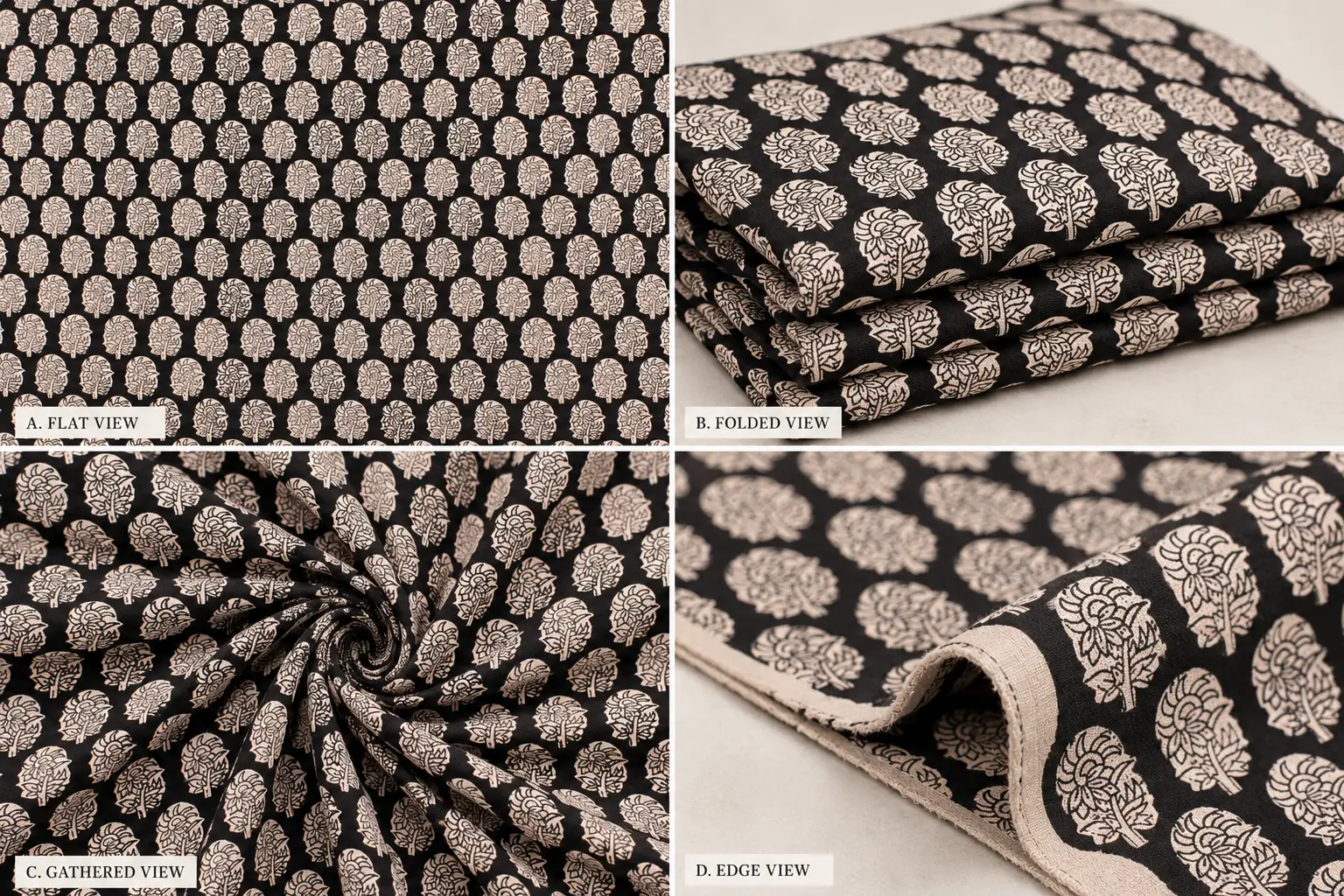 Black & Ivory Mughal Boota Hand Block Print Fabric A - Image 4