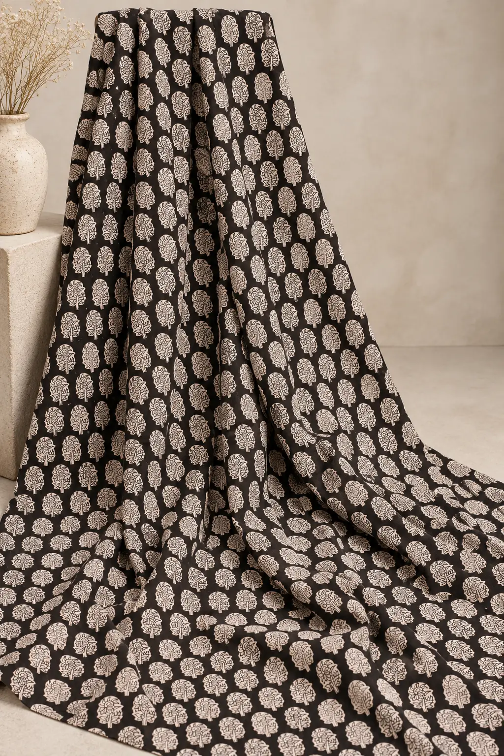 Black & Ivory Mughal Boota Hand Block Print Fabric A - Image 5
