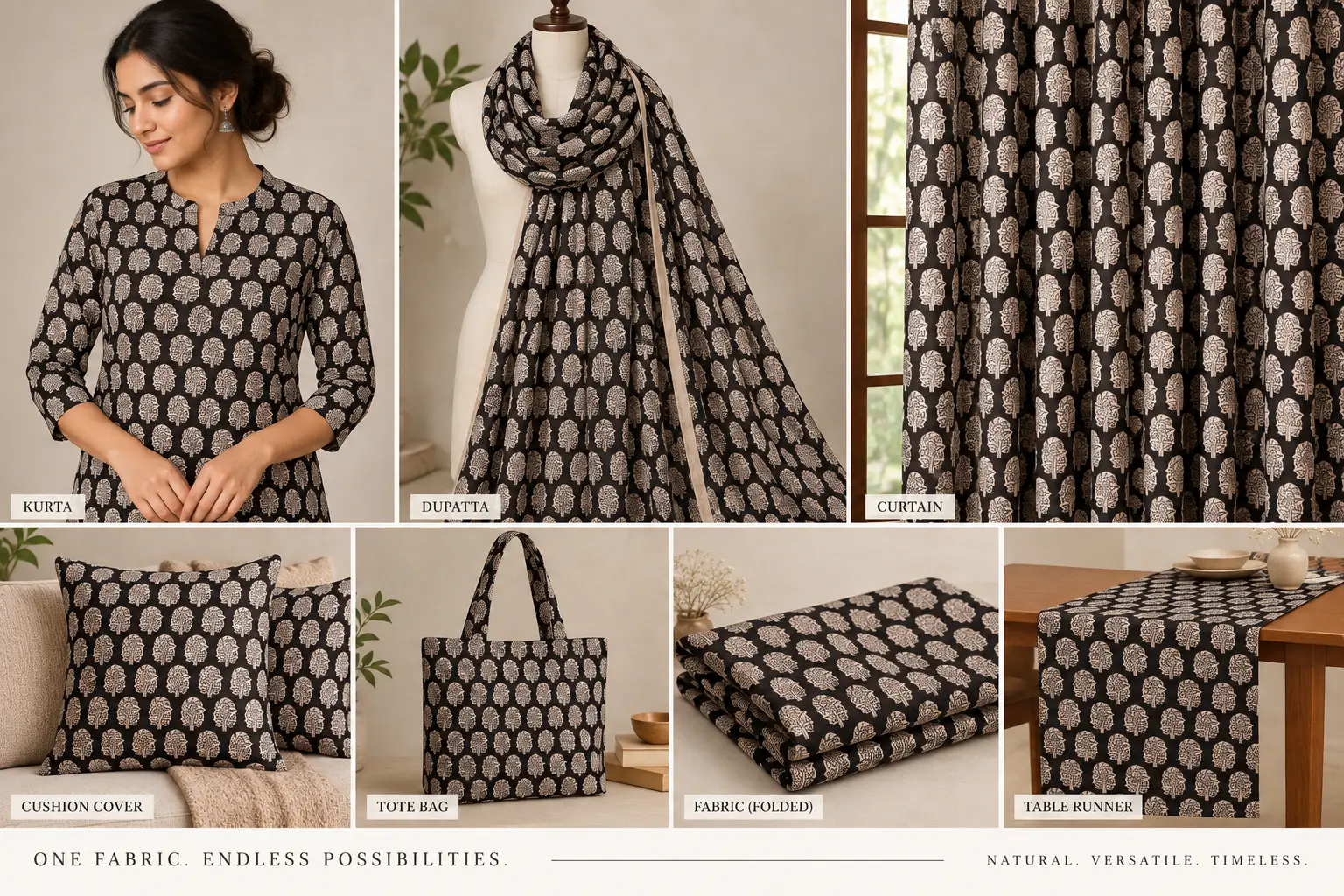 Black & Ivory Mughal Boota Hand Block Print Fabric A - Image 6