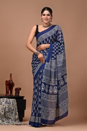 Bagru Hand Block Printed Navy Blue Floral & Geometric Mulmul Cotton Saree With Running Blouse W
