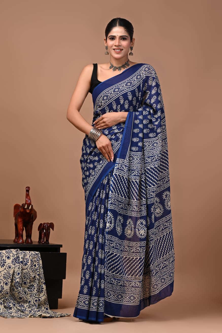 Bagru Hand Block Printed Navy Blue Floral & Geometric Mulmul Cotton Saree With Running Blouse W