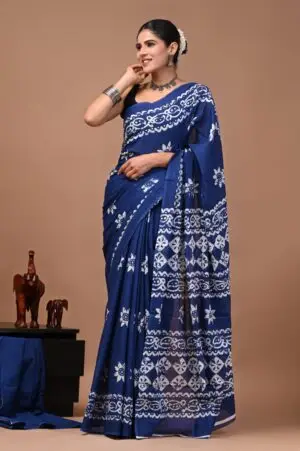 Bagru Hand Block Printed Royal Blue & White Floral & Geometric Cotton Saree With Running Blouse W