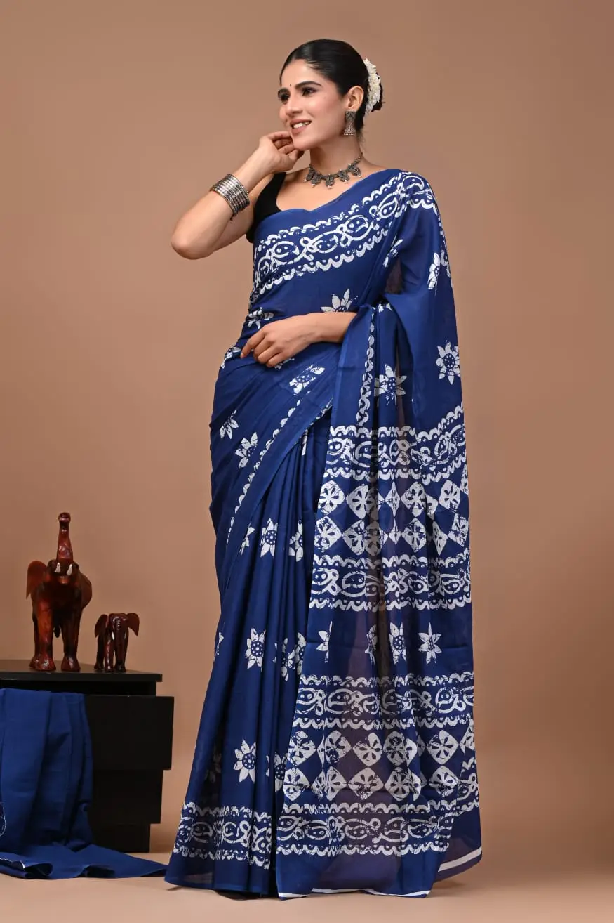 Bagru Hand Block Printed Royal Blue & White Floral & Geometric Cotton Saree With Running Blouse W