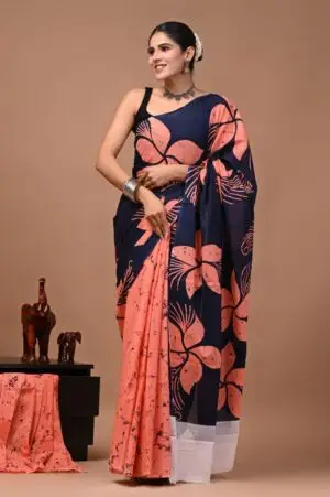 Bagru Hand Block Printed Navy Blue & Peach Floral Cotton Saree With Running Blouse W