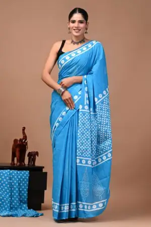 Bagru Hand Block Printed Sky Blue & White Geometric Cotton Saree With Running Blouse W