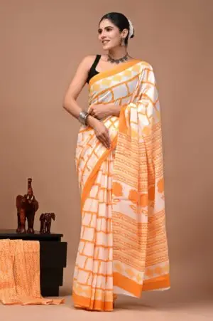Bagru Hand Block Printed White & Orange Geometric & Floral Cotton Saree With Running Blouse W