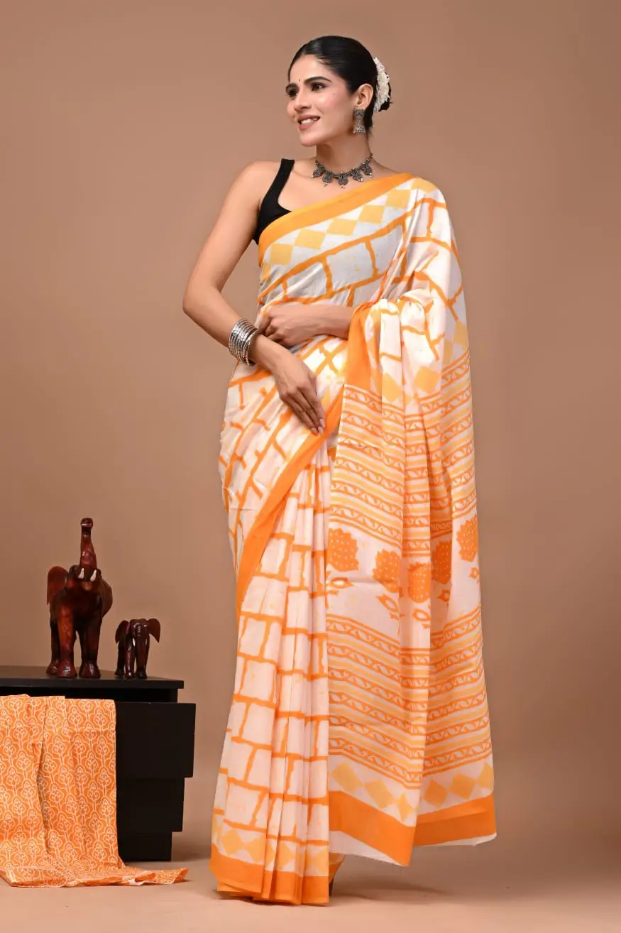 Bagru Hand Block Printed White & Orange Geometric & Floral Cotton Saree With Running Blouse W